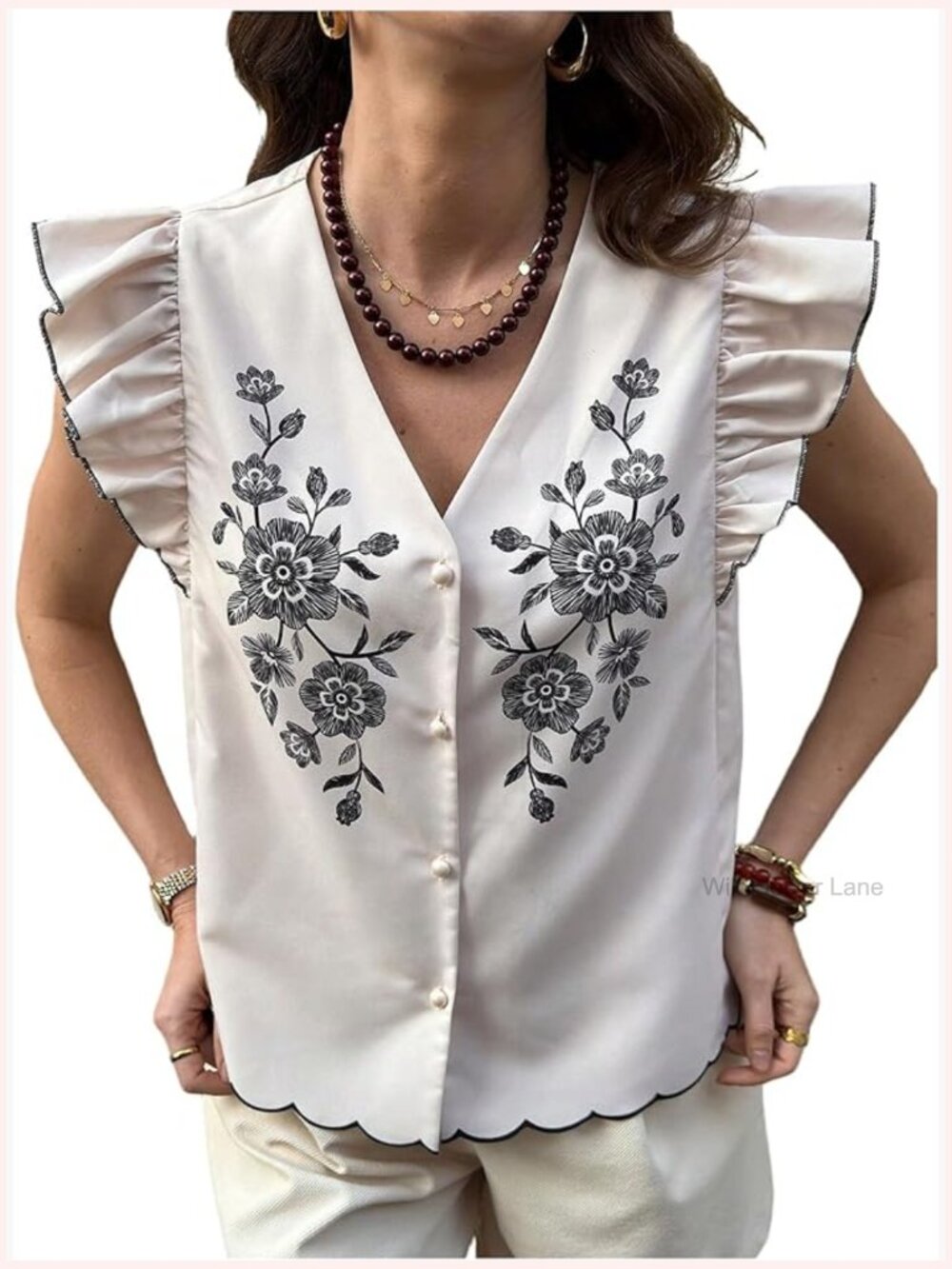 Floral Button Down Blouse with Ruffle Cap Sleeves V-Neck Boho Shirt